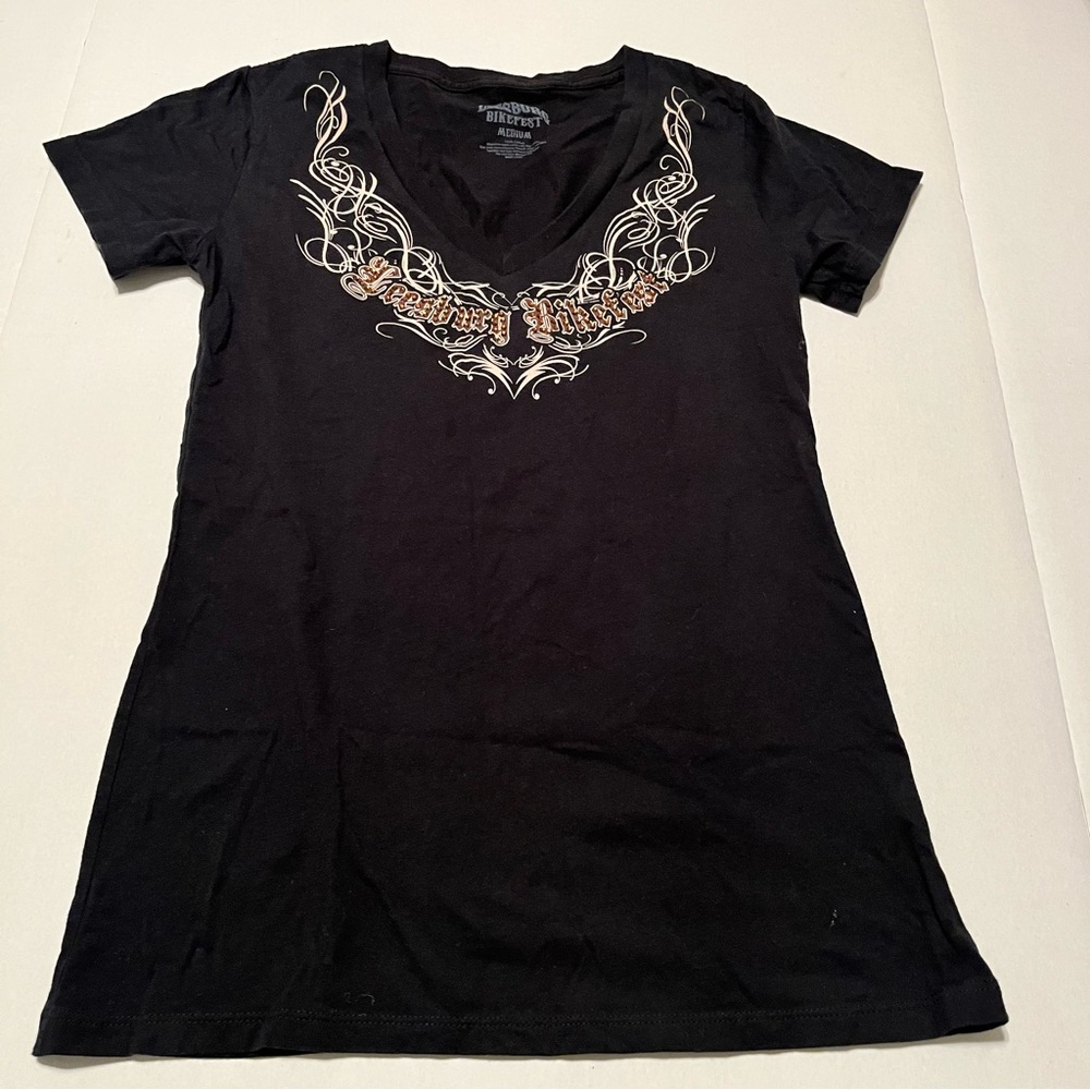 Leesburg Bikefest Women Size Medium Black Short Sleeve Shirt Fitted Biker V-neck
